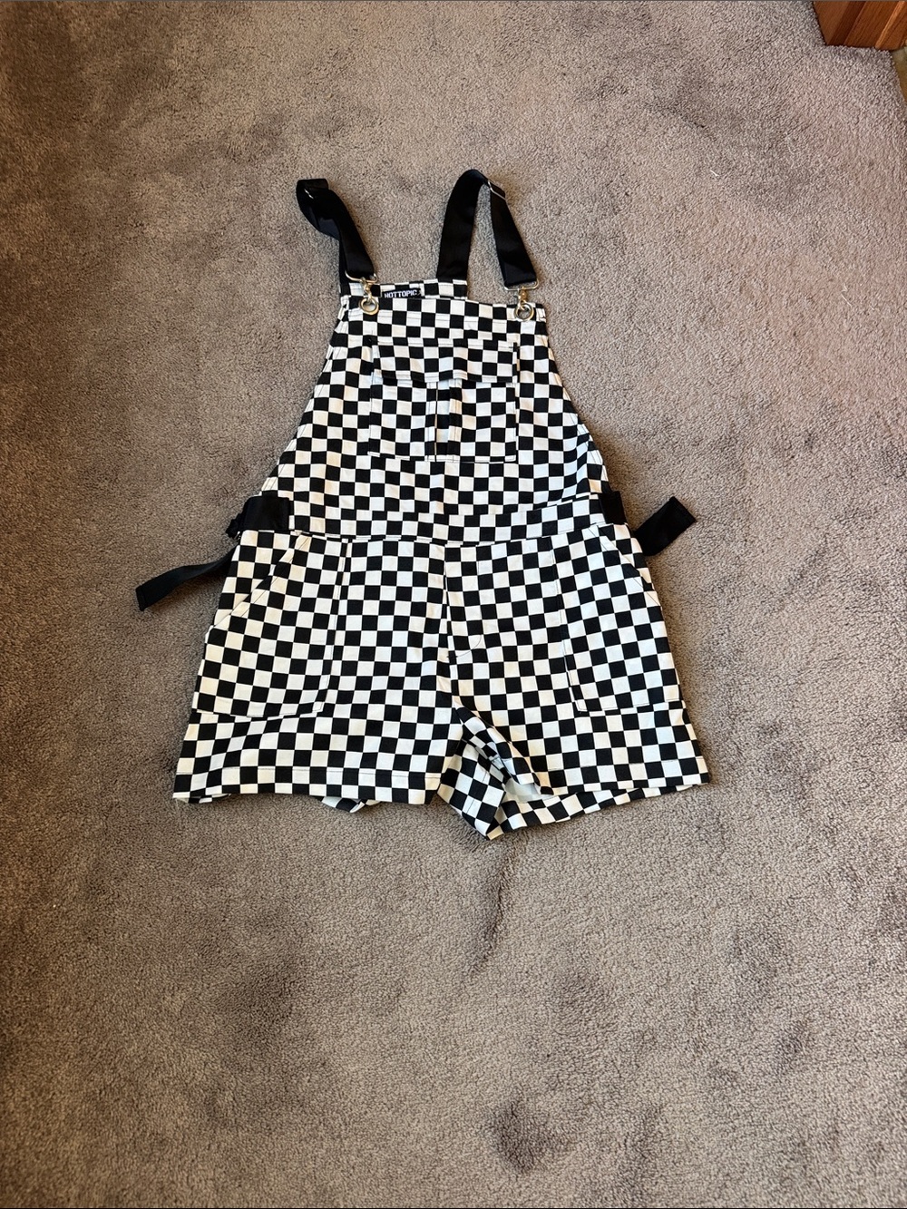 Hot Topic Checkerboard Utility Romper Overalls Black White SIZE M
